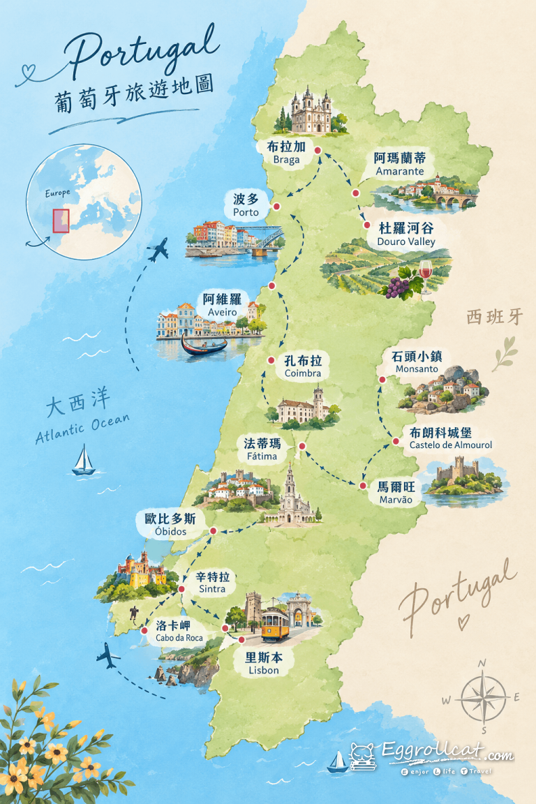 【葡萄牙旅遊】11天跟團行程總整理|波多、杜羅河谷、里斯本 葡萄牙旅遊11天行程地圖